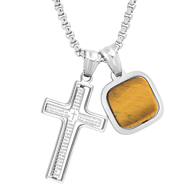 Natural Stone Stainless Steel Cross Pendant