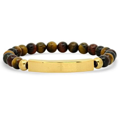 Lord's Prayer Tricolour Tiger's Eye Stainless Steel Curved Tag Elastic Bracelet