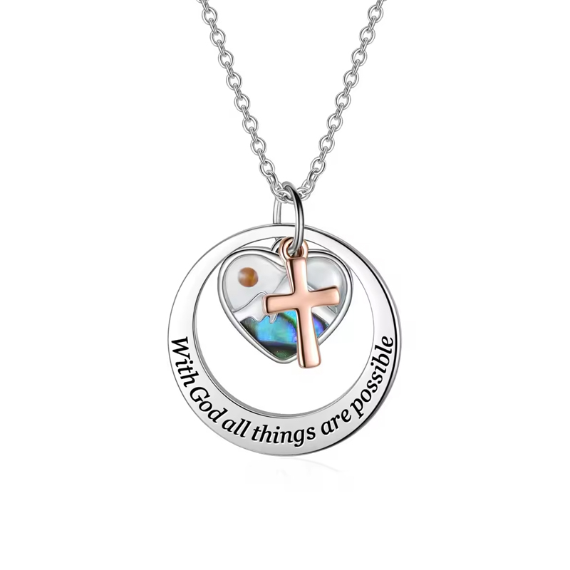 Peach Heart Faith Love Cross Shell Pendant Necklace