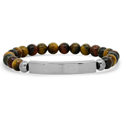 Lord's Prayer Tricolour Tiger's Eye Stainless Steel Curved Tag Elastic Bracelet
