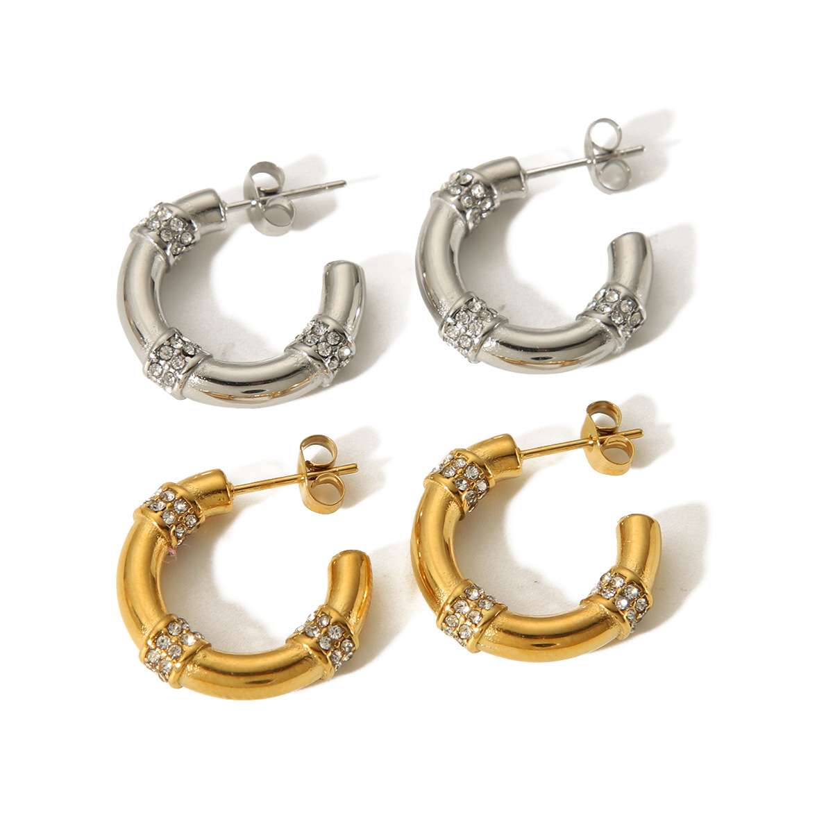 18K Gold Geometric C-Shaped Diamond Earrings