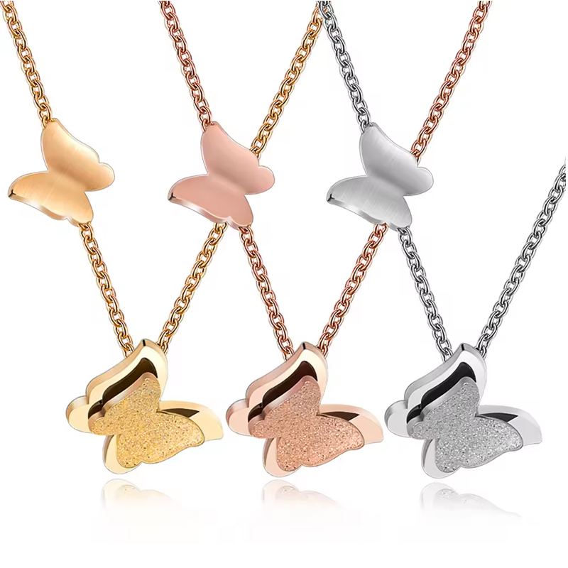 Stainless Steel Double Layer Brushed Butterfly Collarbone Necklace