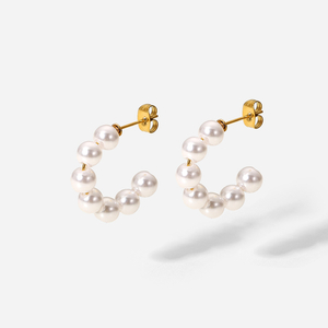 Stainless Steel Pearl C-Shape 18k Gold Plated Earrings