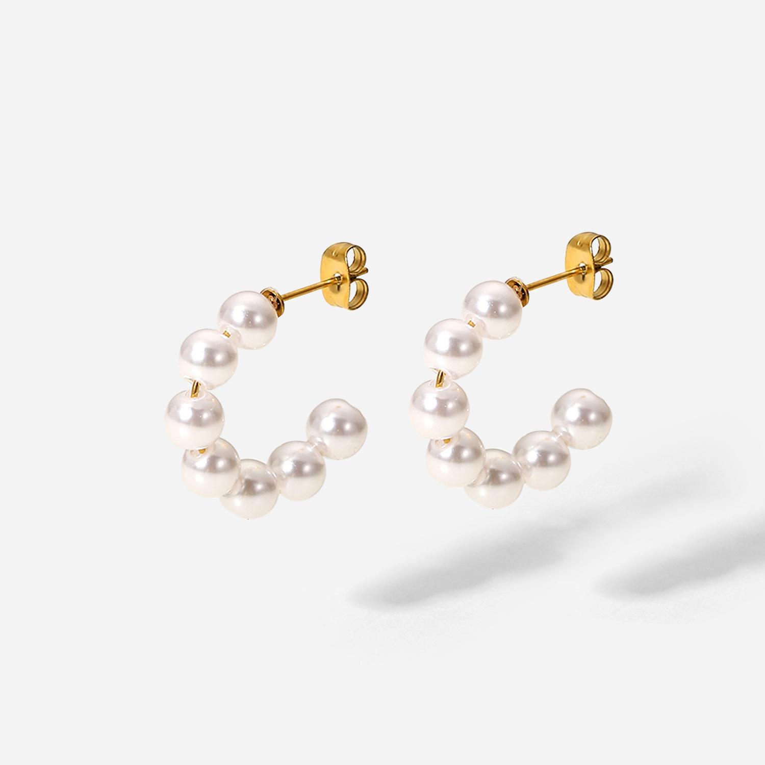 Stainless Steel Pearl C-Shape 18k Gold Plated Earrings